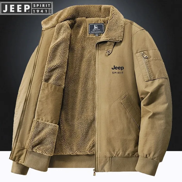 JEEP吉普羊羔绒外套男冬季加绒加厚夹克中青年棉服工装飞行员纯棉
