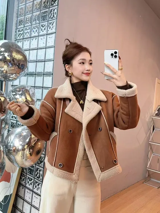 宽松版皮毛一体羊羔绒机车外套短款秋冬新款小个子加厚1801