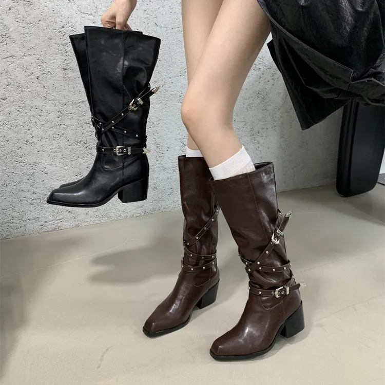 中跟长筒靴女秋冬复古显瘦长靴不过膝粗跟高筒靴骑士靴百搭时装靴