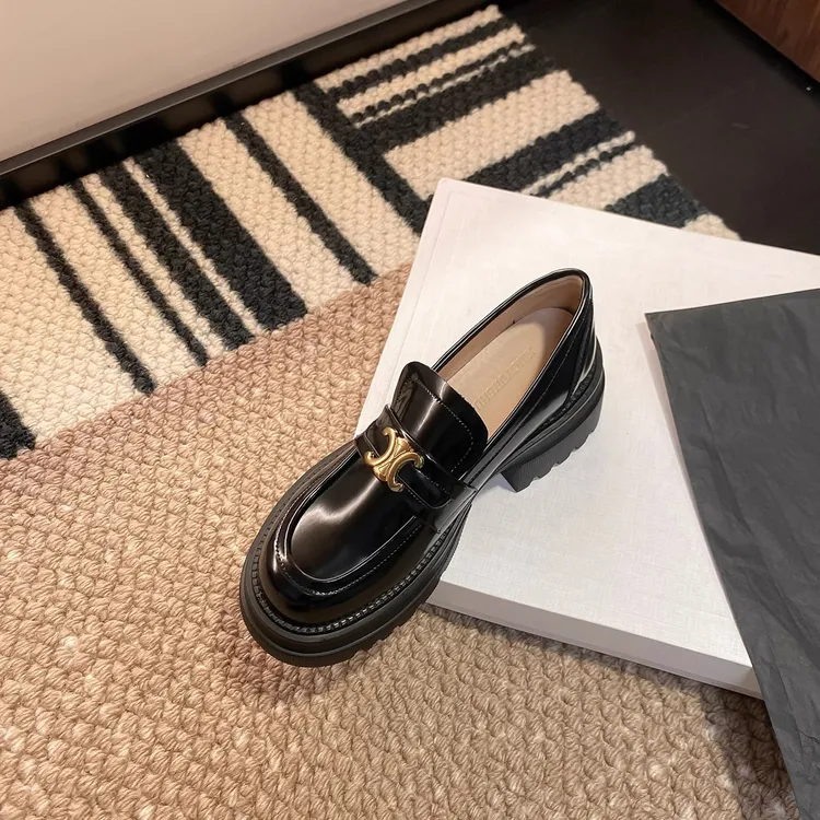 现货速发厚底乐福鞋英伦风凯旋门小皮鞋女粗跟增高黑色一脚蹬单鞋