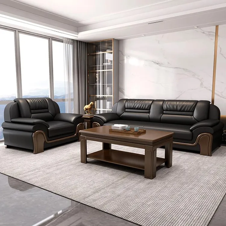 办公沙发真皮三人位接待中式简约会客商务老板办公室沙发茶几组合