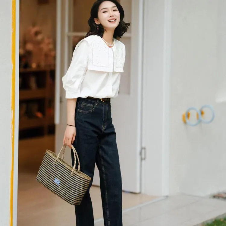 2024新款夏季衬衣休闲简约韩版娃娃领衬衫搭配高腰牛仔裤时尚百搭