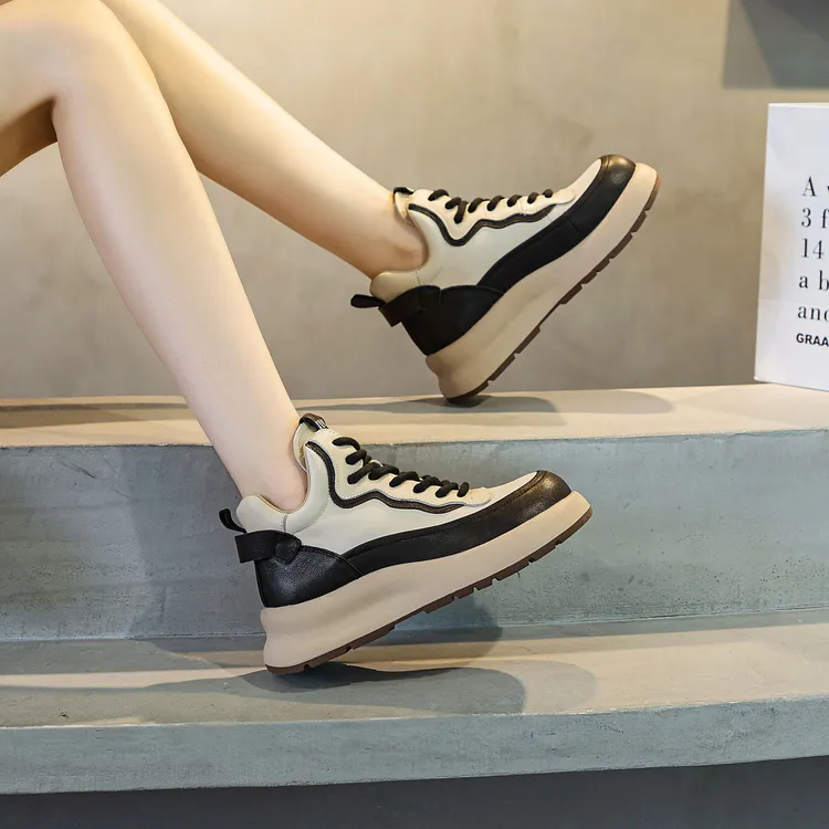 头层牛皮高帮鞋女2024秋冬季新款厚底圆头高帮板鞋系带休闲女鞋潮