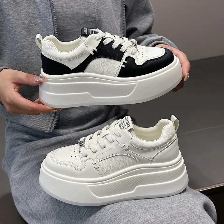 真皮厚底增高小白鞋女2024秋季新款韩版系带百搭休闲运动面包板鞋