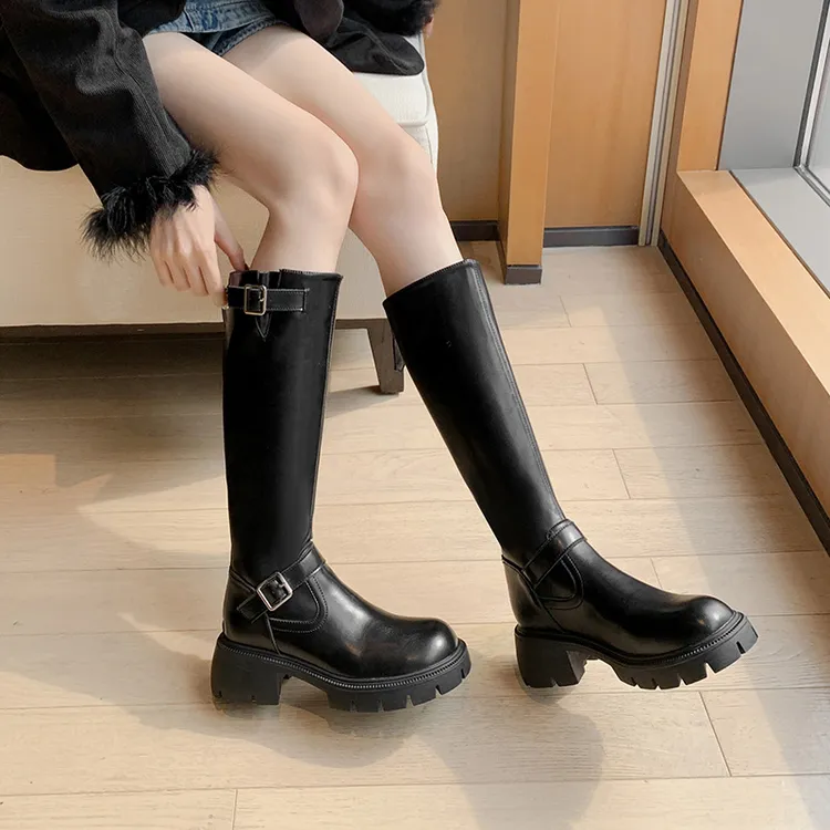 31码起秋冬新款骑士靴女长靴粗跟高筒靴厚底长筒靴女靴子皮质辣妹