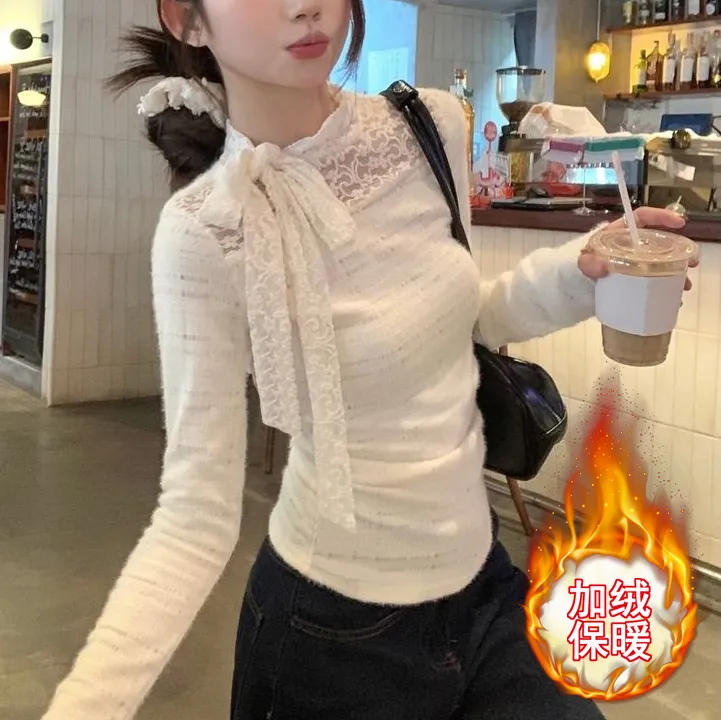加绒秋冬新款法式设计感蕾丝上衣修身2024新款显瘦纯欲打底小衫女