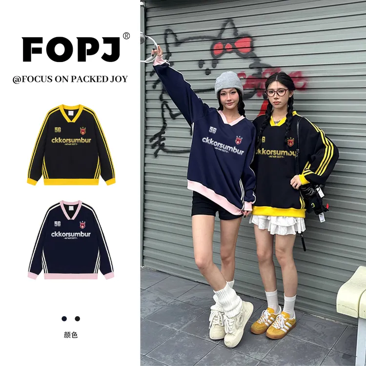 FOPJ美式时尚V领卫衣女潮流印花春秋季学生长袖宽松蓝粉色外套ins