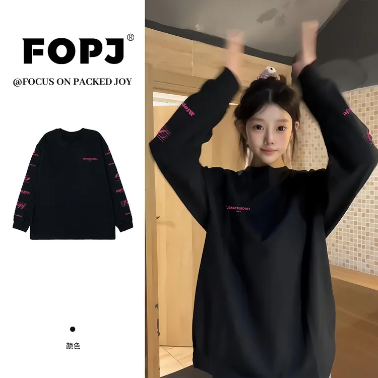 FOPJ重磅硬挺纯棉春秋季黑色长袖t恤女时尚潮流印花圆领宽松上衣