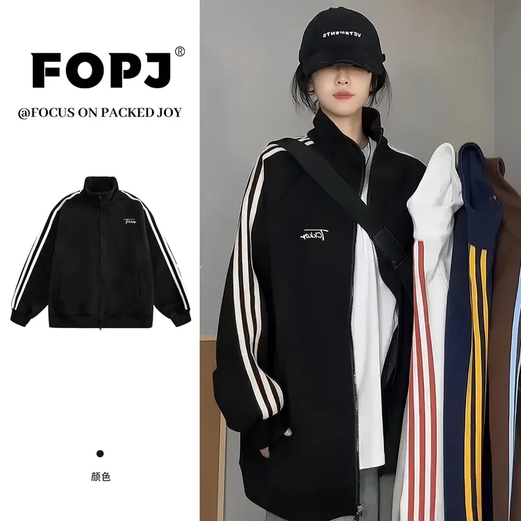 FOPJ时尚潮流立领开衫长袖卫衣女春秋季黑色宽松加绒加厚拉链外套