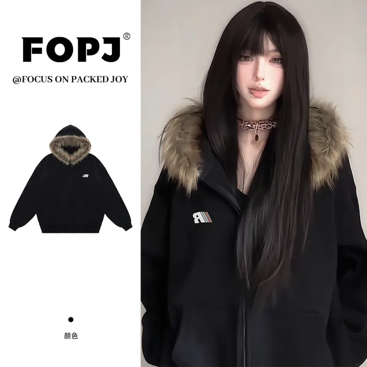 FOPJ美式复古长袖加绒毛领连帽开衫卫衣女春秋季宽松时尚印花外套