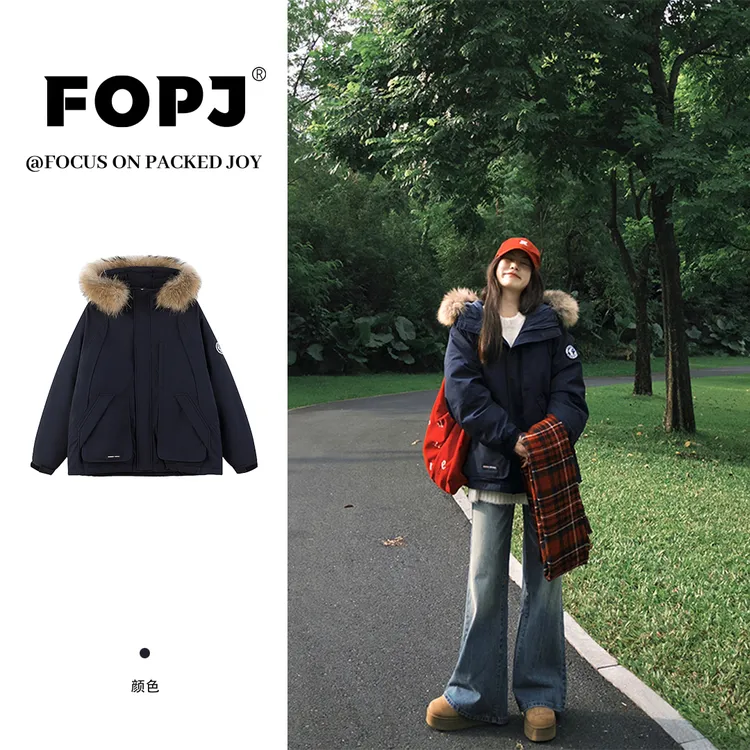 FOPJ新款韩系工装连帽衫棉服女冬季加绒大毛领保暖高级感拉链外套