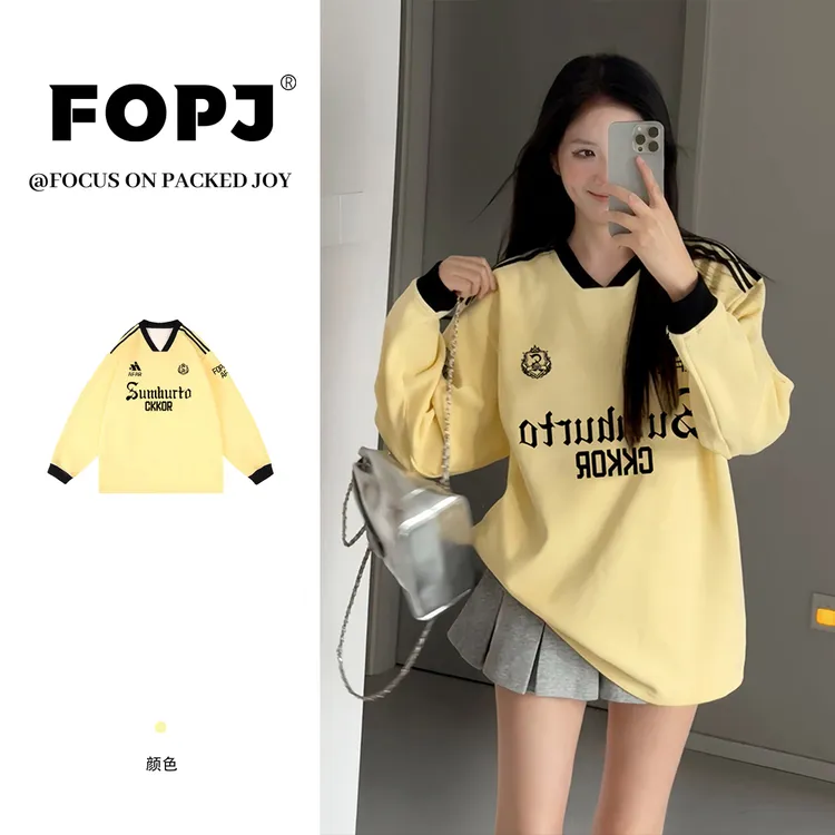 FOPJ春秋设计感时尚V领卫衣女潮流印花长袖学院风奶fufu宽松外套