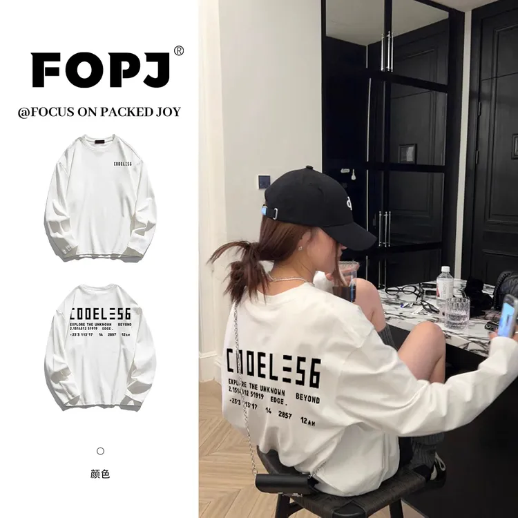 FOPJ重磅硬挺春秋纯棉长袖T恤美式潮流印花宽松休闲圆领白色上衣