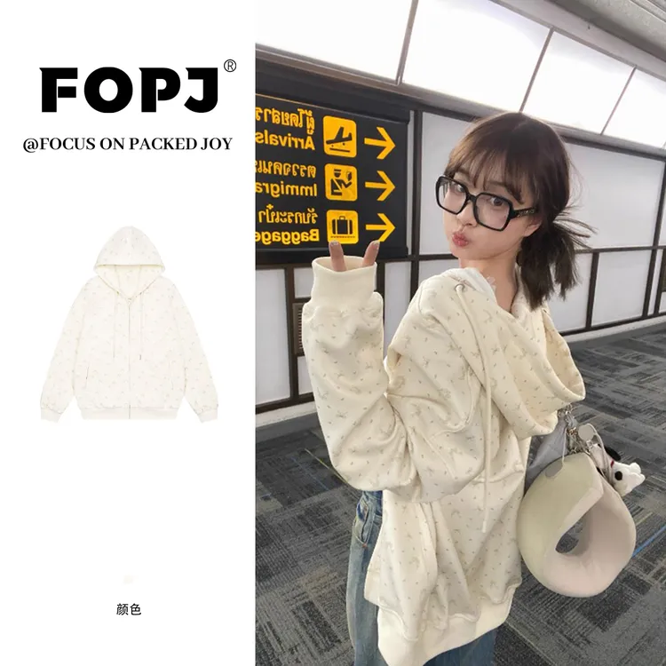 FOPJ学院风连帽开衫小众卫衣女碎花春秋加绒加厚宽松减龄拉链外套