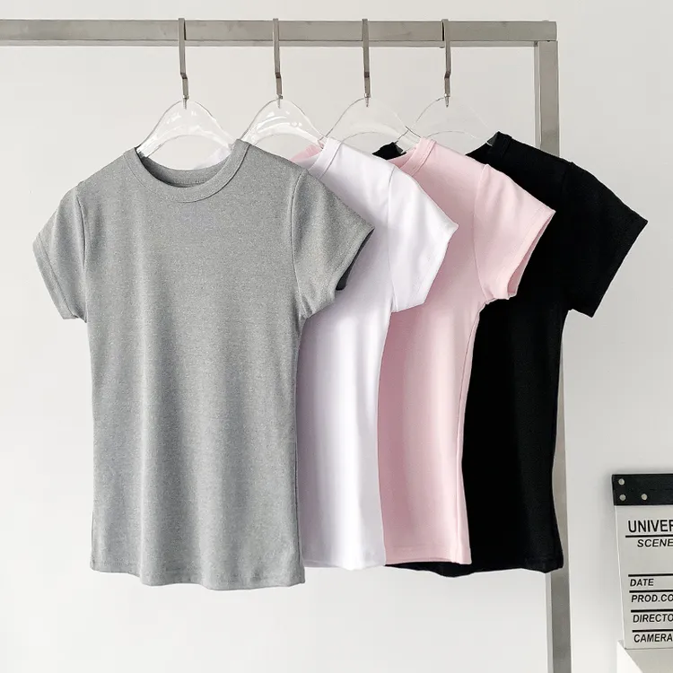 短款短袖t恤女2024新款爆款修身显瘦正肩纯色运动美式掐腰上衣夏