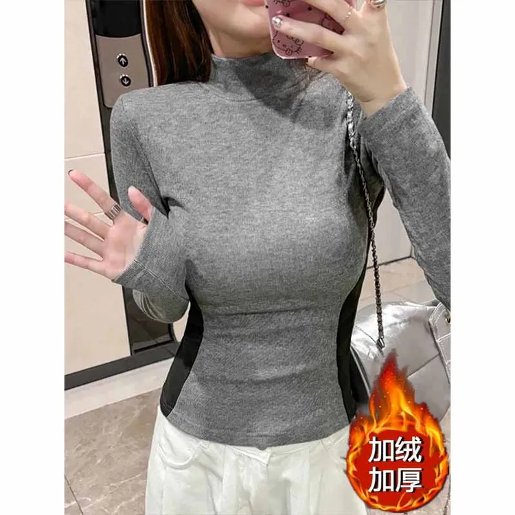 加绒加厚半高领打底衫女冬季设计感小众长袖拼接收腰显瘦内搭上衣