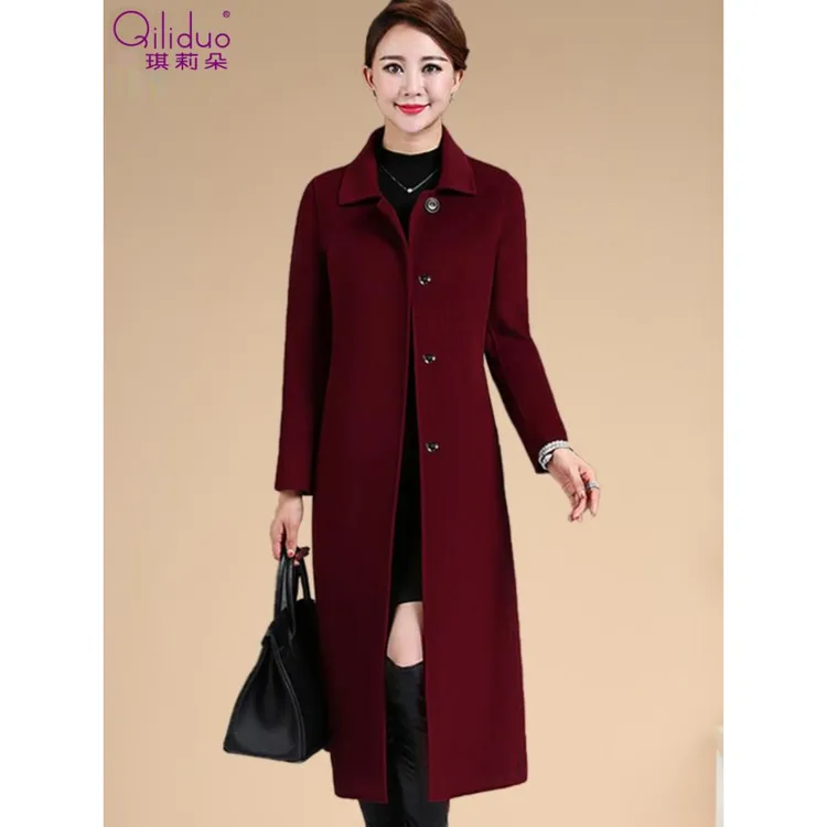 妈妈装女秋冬新款加厚长款高贵气质过膝羊毛呢外套喜婆婆双面呢零