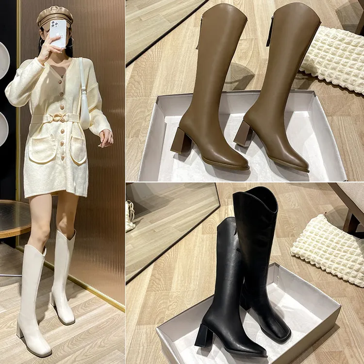 2025秋冬新款方头时尚百搭粗跟中跟长筒小个子骑士靴高跟瘦瘦靴女