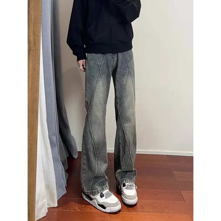 复古蓝微喇牛仔裤男款美式高街秋冬季潮牌痞帅炸街裤子修身直筒裤