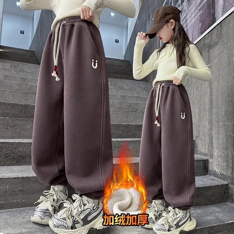 女童加绒裤子2024新款韩版加厚灯笼裤中大童加厚一体绒外穿长裤
