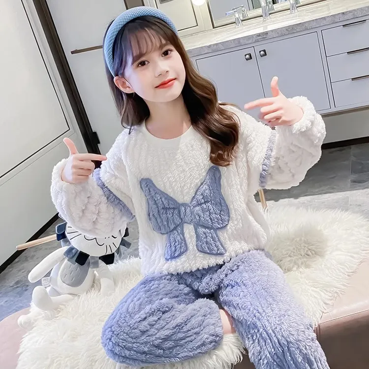 女童家居服法兰绒加厚2024新款女大童珊瑚绒家居服秋冬季睡衣套装