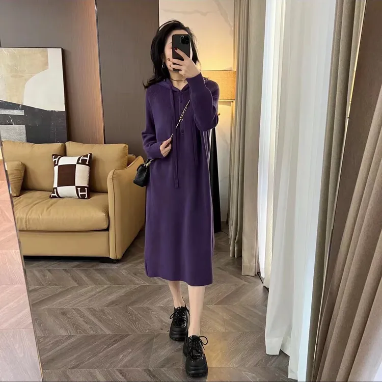 秋冬新款抽绳连帽针织连衣裙宽松显瘦时髦减龄大码女装毛衣女长裙