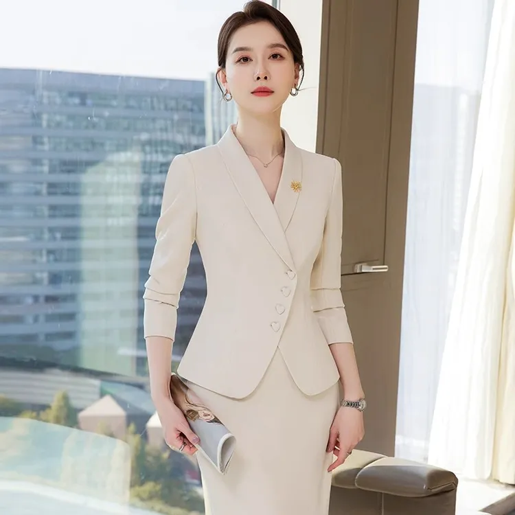 杏色西装套装女2024新款职业装气质播音主持人时尚套装西服外套女