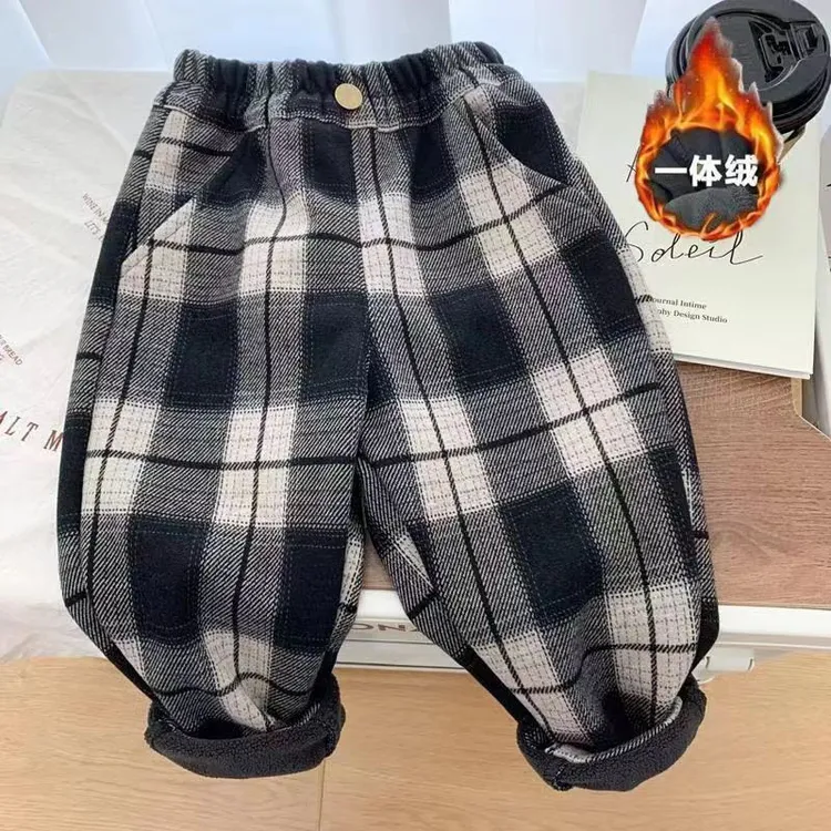 儿童加绒裤子一体绒男女童洋气格子裤冬季加厚韩版裤子小童长裤