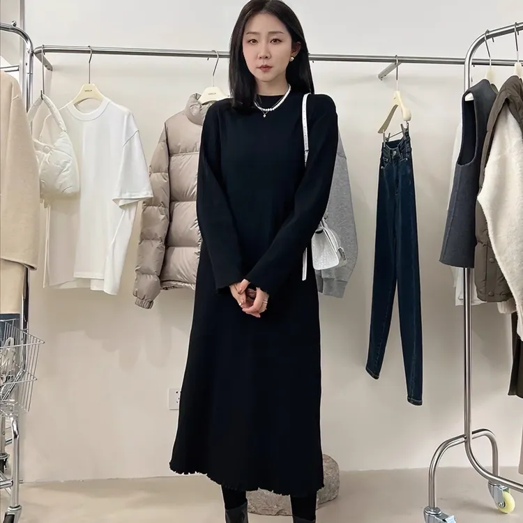 WIDELIA秋冬新款连衣裙法式优雅加绒韩版针织连衣裙显瘦裙9315