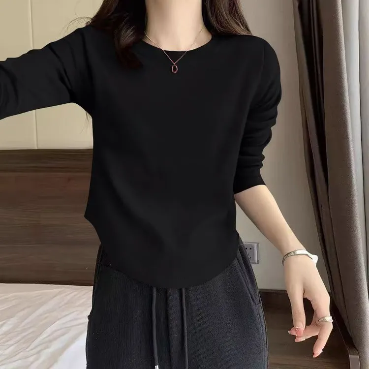 春秋冬新款长袖t恤打底衫女韩版修身显瘦不规则圆领纯色内搭上衣