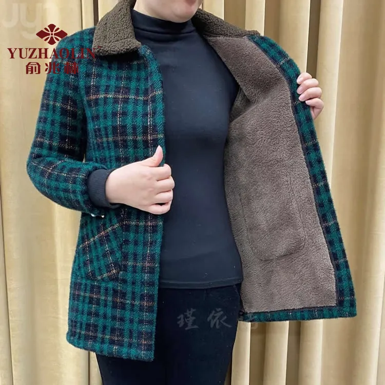 俞兆林冬季新款时尚中长款加绒外套女士毛呢格子呢子上衣百搭妈妈