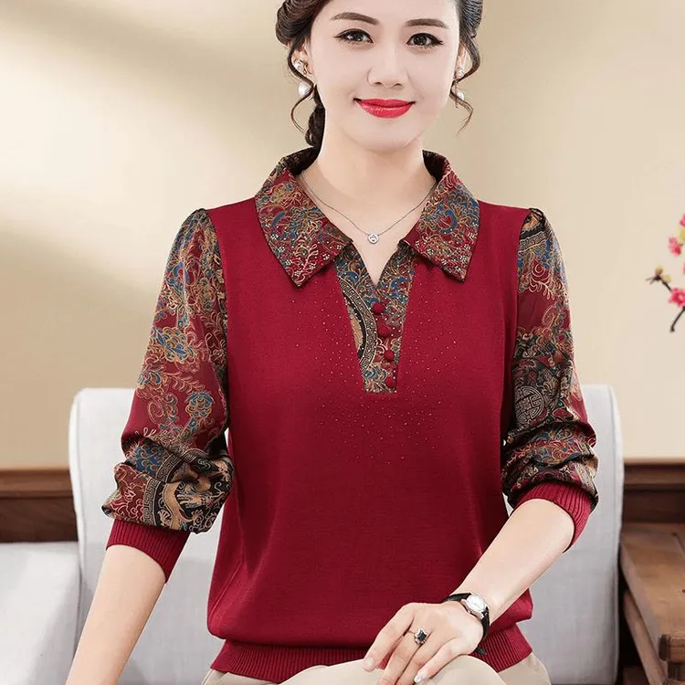 2024新款妈妈秋装纱袖T恤上衣中老年女春秋洋气打底小衫长袖薄款