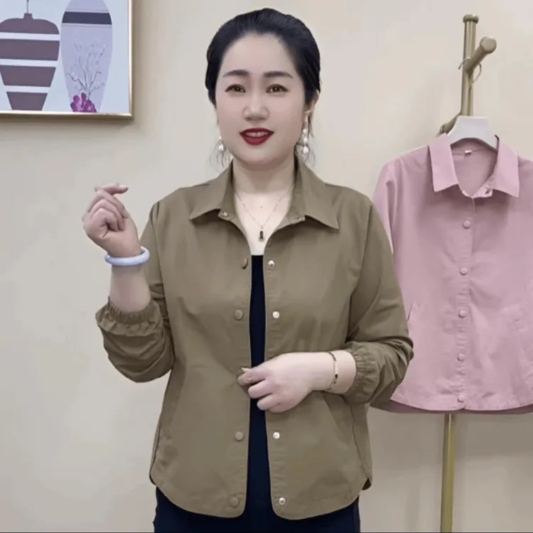 秋季新款纯色休闲显瘦翻领外套妈妈装