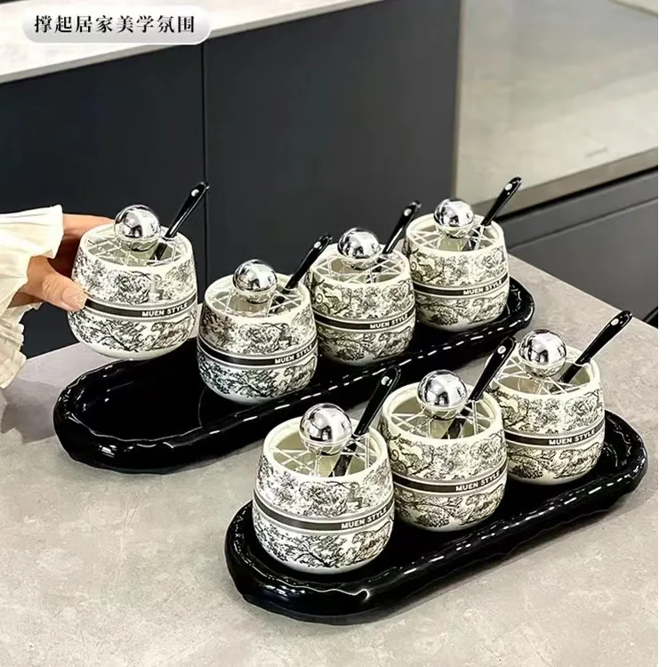 丛林轻奢盐罐调料盒家用陶瓷调味罐套装厨房调料品收纳盒高颜值