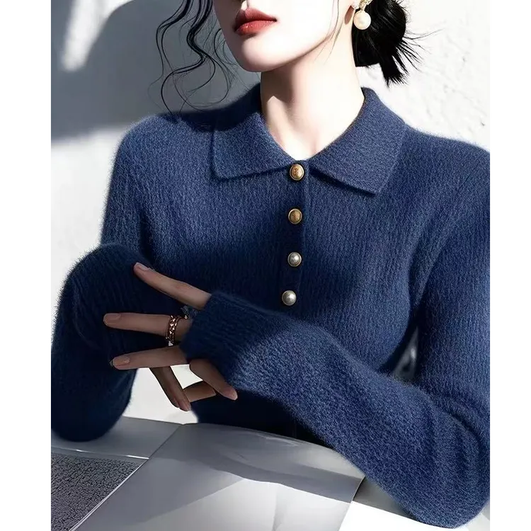 独特超好看蓝色翻领针织衫毛衣女2024冬季收腰显瘦内搭打底衫上衣