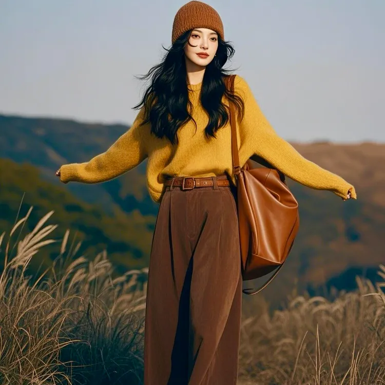 秋冬韩系气质时尚百搭宽松显瘦针织上衣休闲小众别致阔腿裤套装女