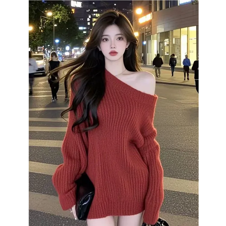 红色斜肩长袖针织连衣裙女秋季法式气质名媛千金高级感轻奢包臀裙