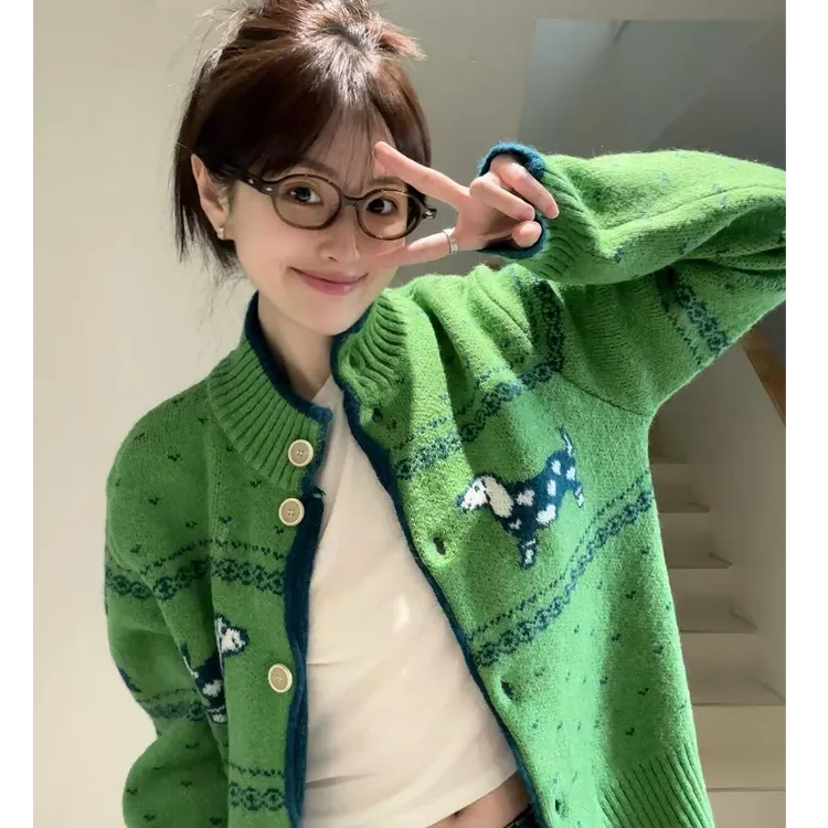 慵懒风软糯毛衣开衫女冬季腊肠狗提花学院风针织衫外套甜美上衣潮