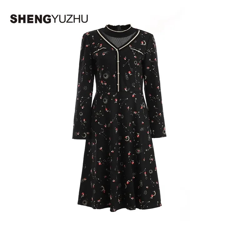 Shengyuzhu/声雨竹连衣裙长袖立领碎花中长款A字裙女气质显瘦轻奢