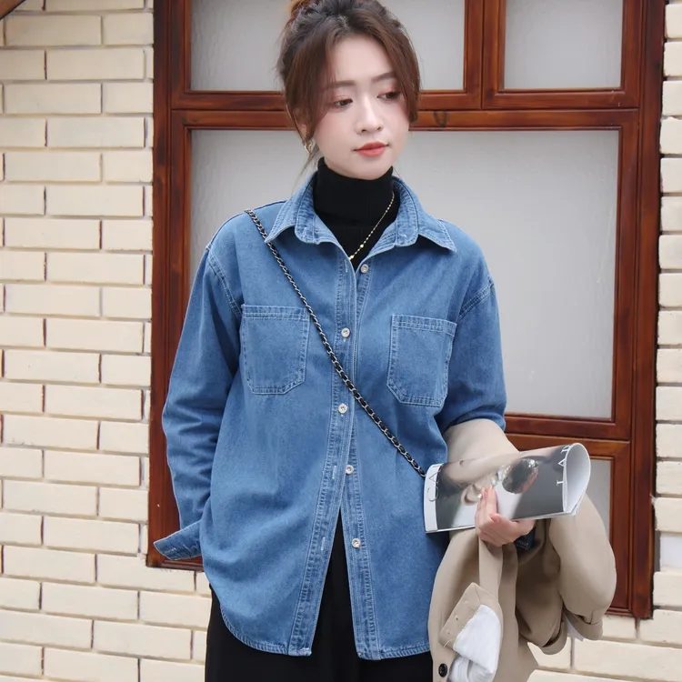 2024秋季新款韩版牛仔衬衫女宽松外套百搭长袖小众复古设计感上衣