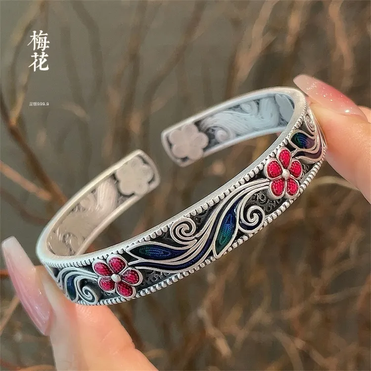 足银珐琅手镯 足银999珐琅珠边6梅花做旧开口手镯（146）足银手镯