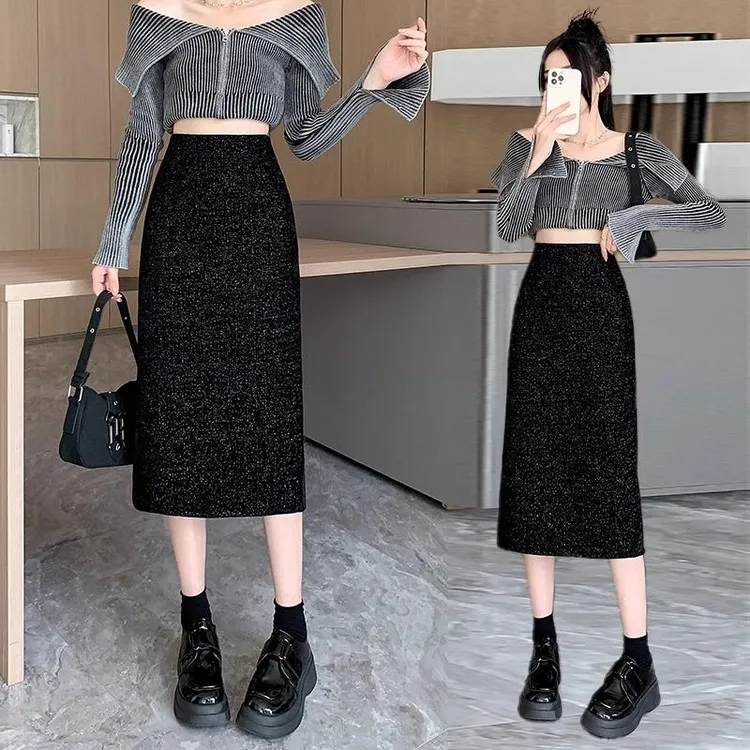 【璀璨星河】2025春秋爆闪高腰包臀裙星空亮丝中长裙气质显瘦半身