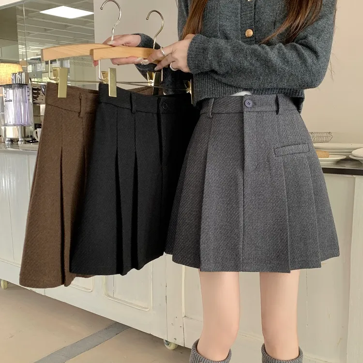 秋冬新款高腰加厚毛呢百褶半身裙女防走光裙子女装时尚A字短裙潮