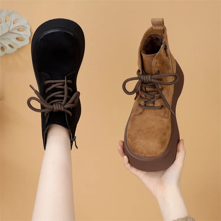 厚底冬季加绒马丁靴女防滑保暖2024新款真皮复古百搭显瘦系带短靴