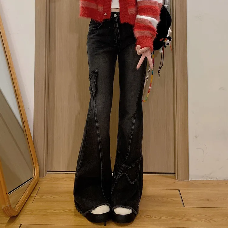 2-300斤胖mm大码女装美式蝴蝶刺绣毛边牛仔裤春秋高腰复古微喇裤