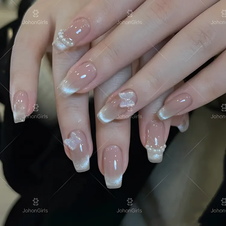 JohonGirls'/琴岛小嫚【庄周梦蝶】猫眼百搭轻奢法式纯欲手工穿戴甲