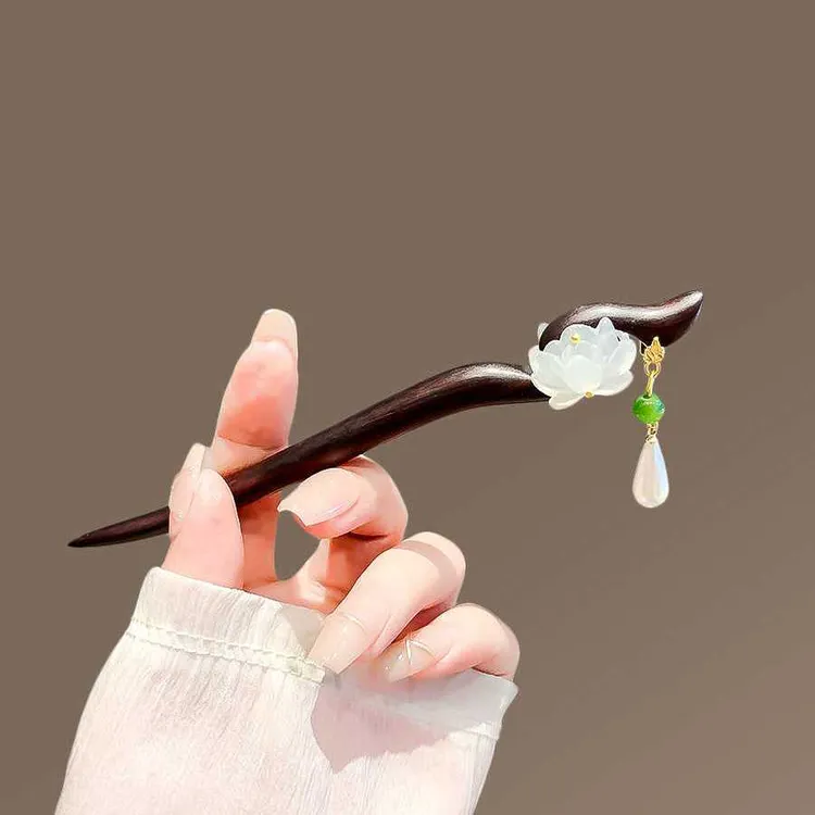 古风双面莲花流苏黑木发簪女简约国风日常步摇发钗高级感盘发簪子