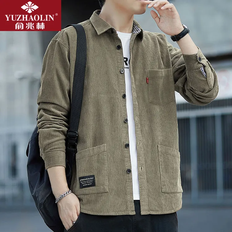 秋季重磅春秋季灯芯绒长袖衬衫男士男款复古休闲工装全棉衬衣男