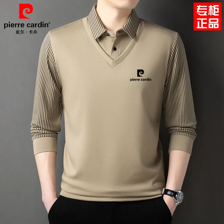 皮尔卡丹男士秋冬新款高档加绒加厚假两件套桑蚕丝针织保暖POLO衫