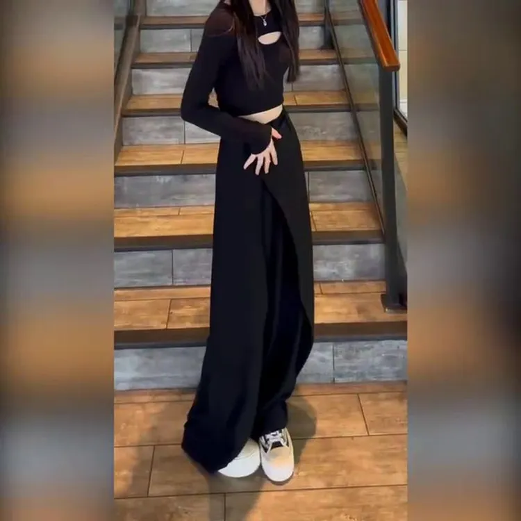 2025法式不规则拼接直筒休闲裤女装春秋季新爆款显瘦高腰百搭长裤